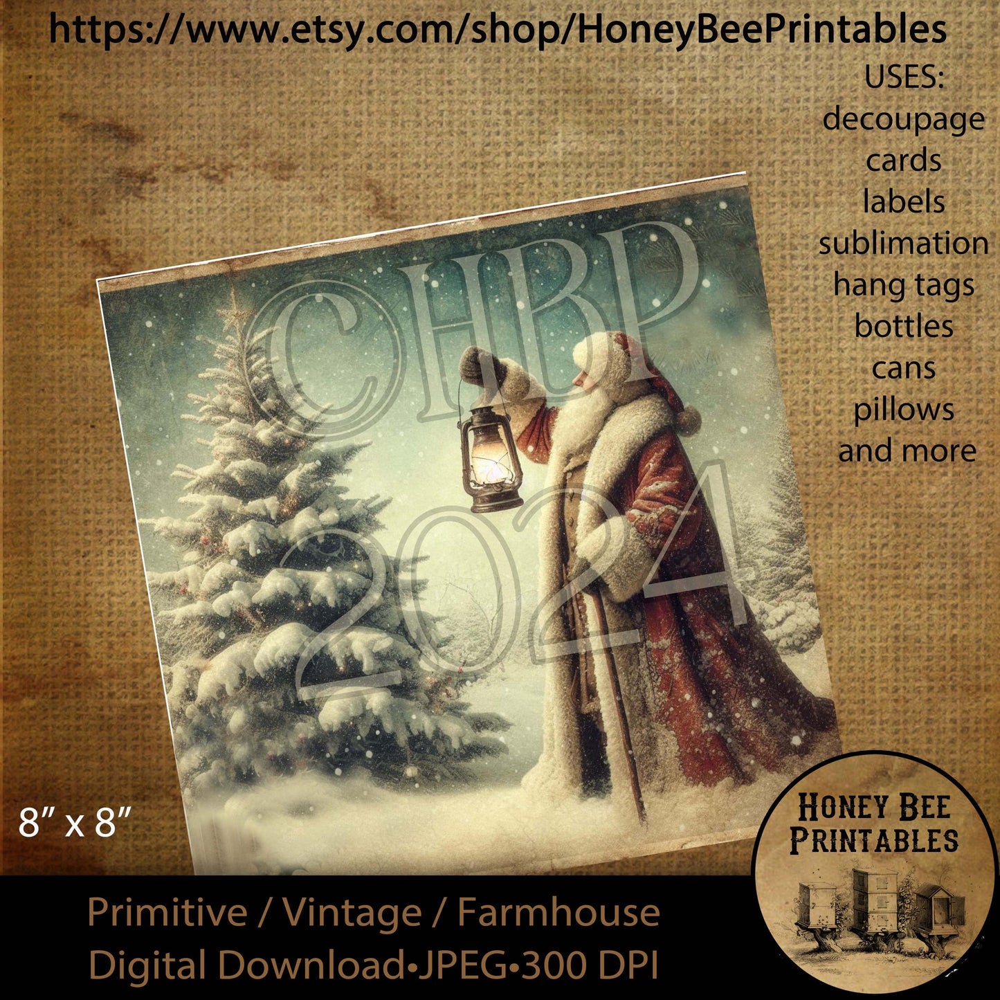 Digital Download, Printable, Decoupage, Vintage, Primitive, 8x8, Christmas Tree, Snow, Vintage, Old World Santa, Santa Claus, Lantern, #4