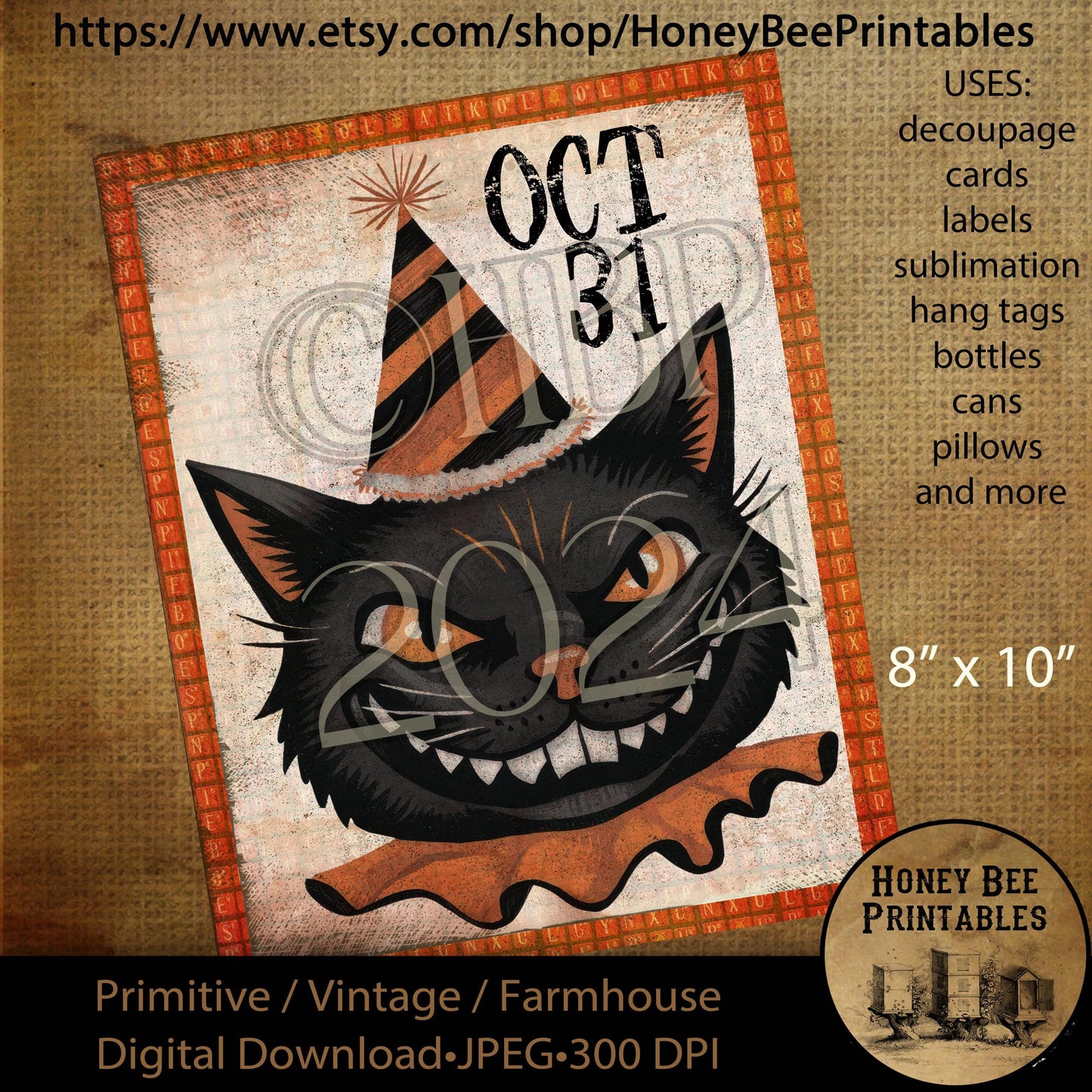 Digital Download, Digital Art, Printable, Decoupage, Vintage, Primitive, Halloween Black Cat, Black Cat, Whimsical, Oct 31, Fall, Autumn