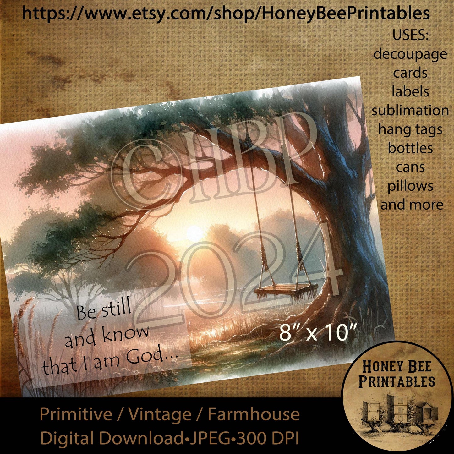 Digital Download, Printable, Decoupage, Vintage, Primitive, Old Tree, Tree Swing, Be Still & Know that I am God, Psalm 46 10, Inspirational