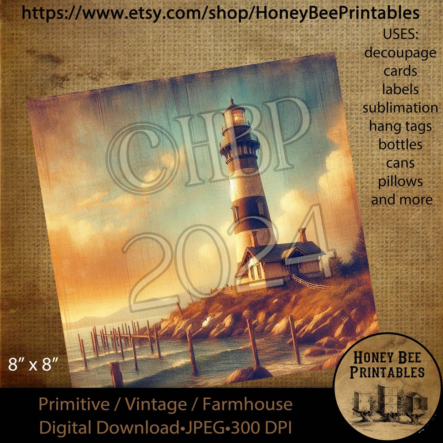 Digital Download, Printable, Decoupage, Vintage, Primitive, 8x8, Lighthouse, Light House, Coastal, Nautical, Ocean, Lighthouse Keeper, #1