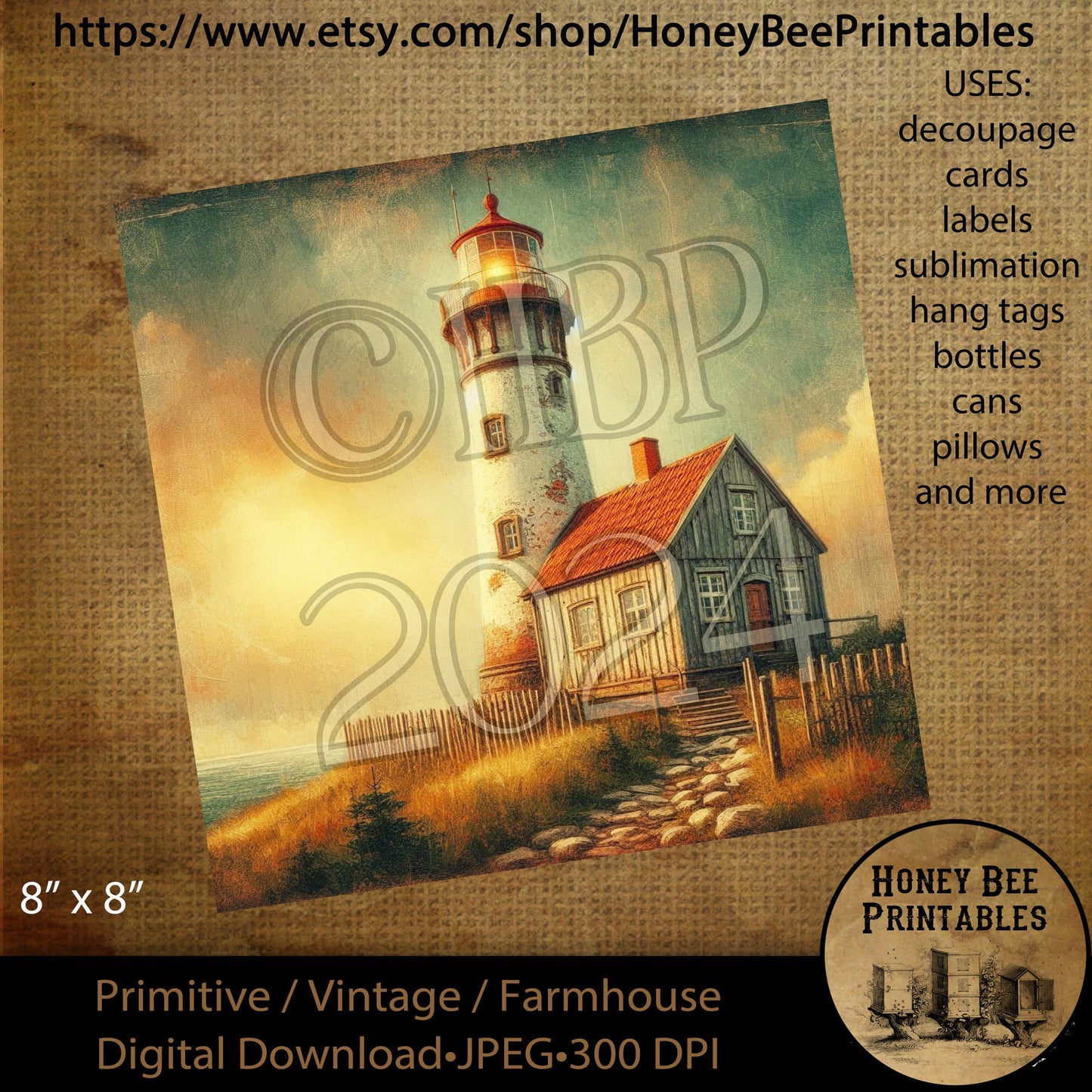 Digital Download, Printable, Decoupage, Vintage, Primitive, 8x8, Lighthouse, Light House, Coastal, Nautical, Ocean, Lighthouse Keeper, #2