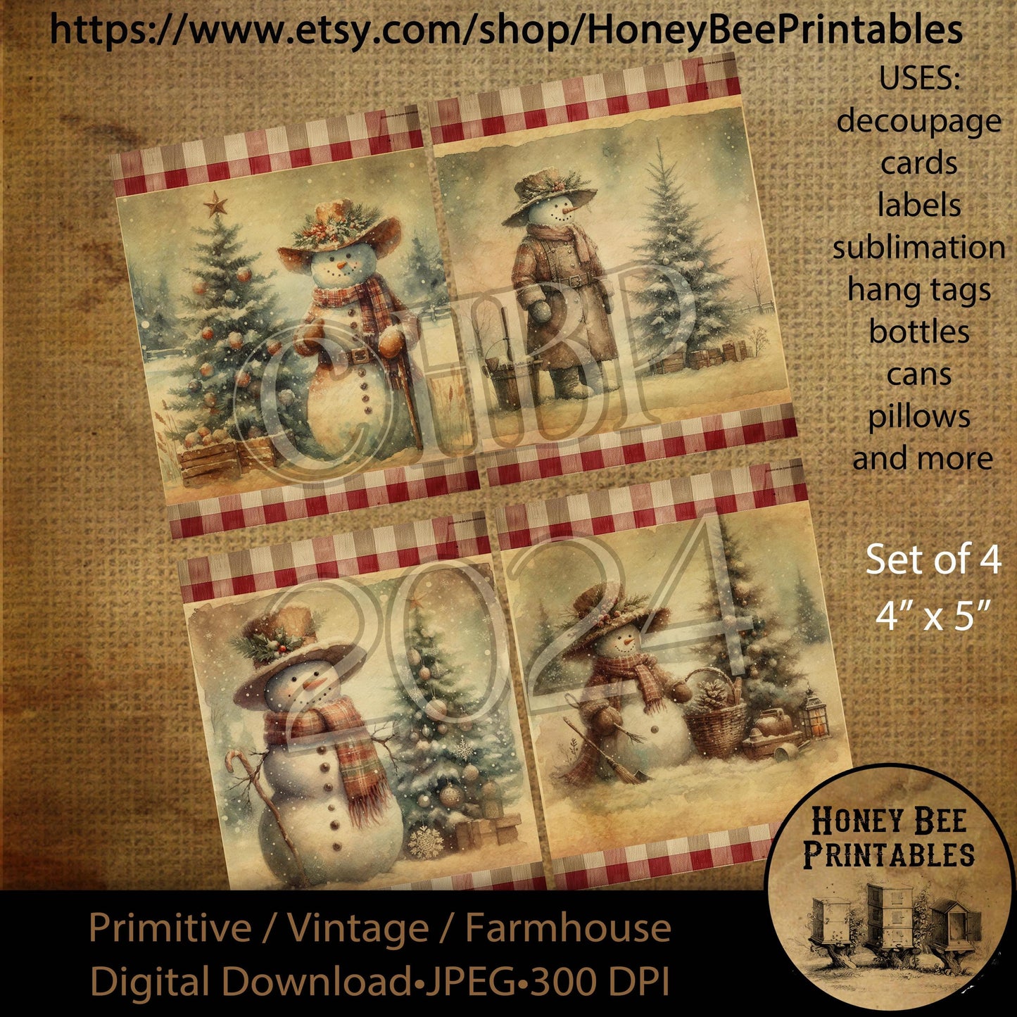 Digital Download, Digital Art, Printable, Decoupage, Vintage, Primitive, Set/ 4, 4x5, Country Snowmen, Snowman, Snow People, Winter