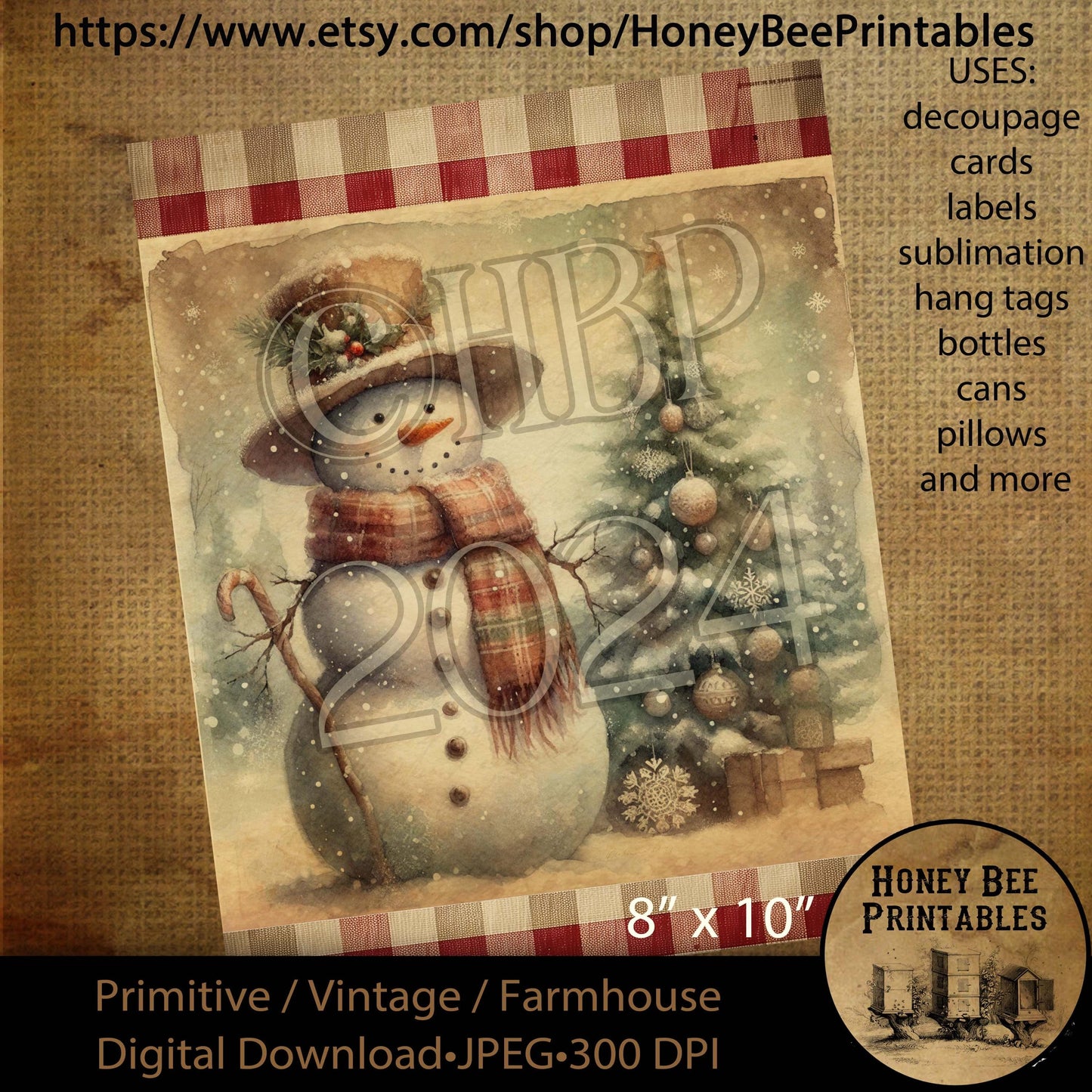 Digital Download, Digital Art, Printable, Decoupage, Craft Supplies, Vintage, Primitive, Snowman, Snowmen, Winter, Country, Snow, 8x10, #3