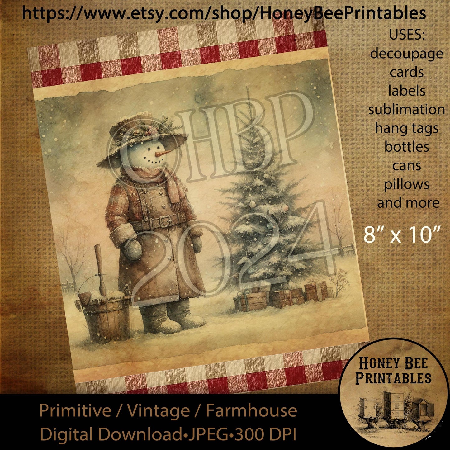 Digital Download, Digital Art, Printable, Decoupage, Craft Supplies, Vintage, Primitive, Snowman, Snowmen, Winter, Country, Snow, 8x10, #4