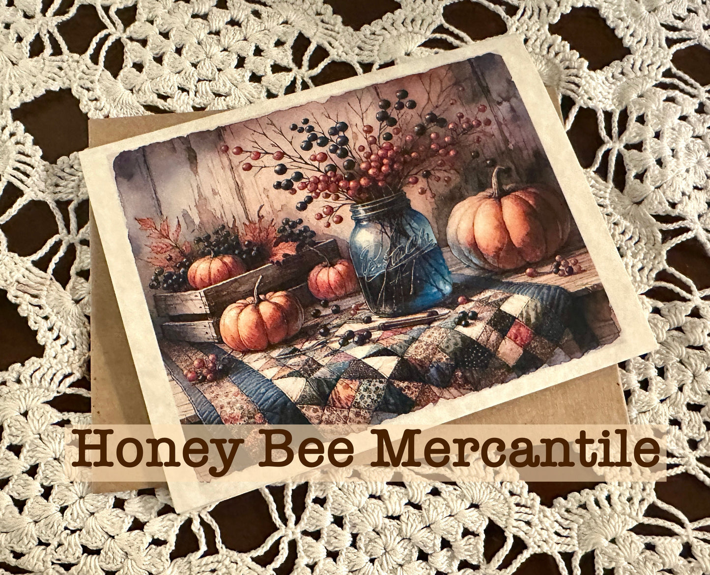 Vintage, Primitive, Farmhouse Style, Set of 6 Note Cards with envelopes, Fall, Autumn Pumpkins, Old Blue Jar, Crate, Berries, Quilt, Gift