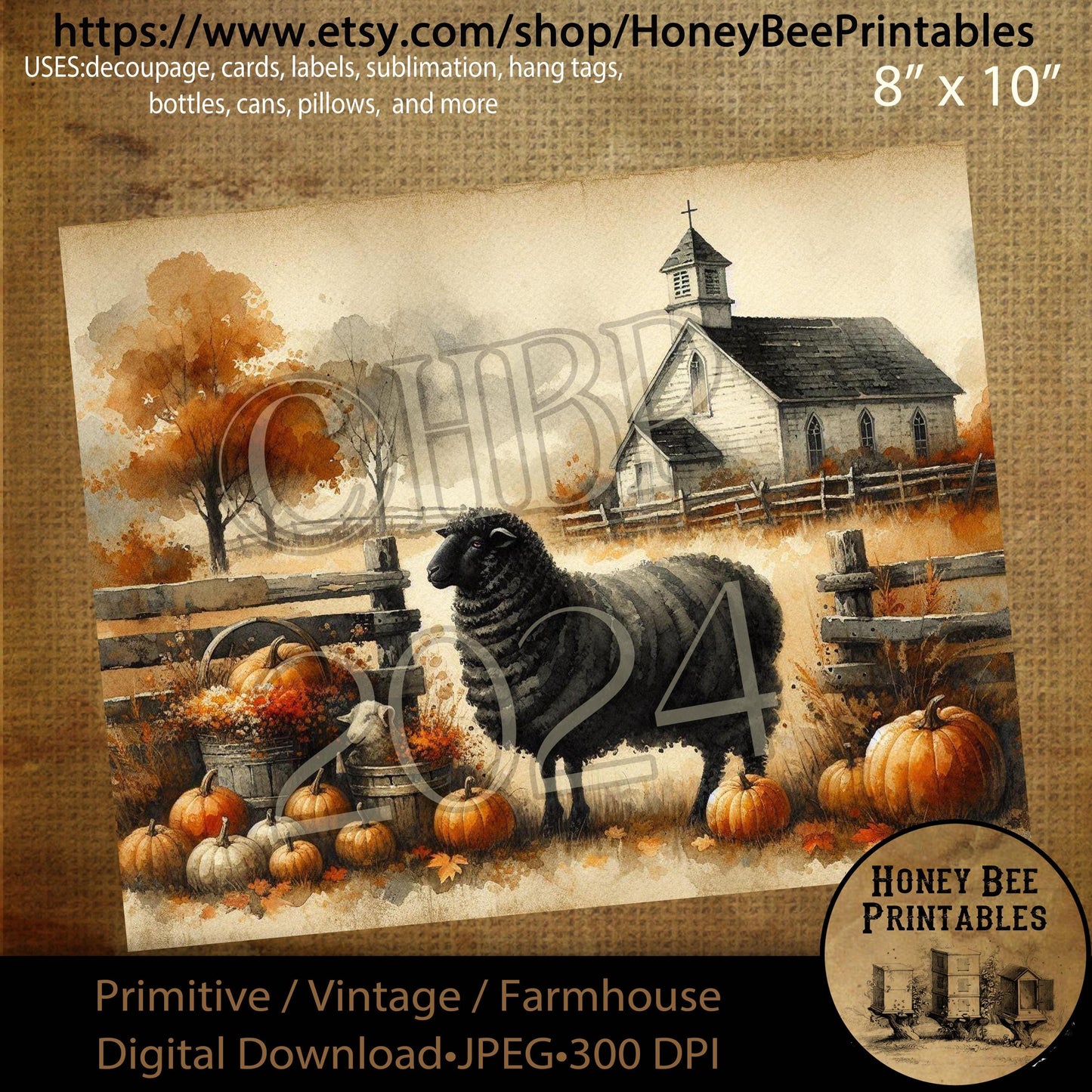 Digital Download, Digital Art, Printable, Decoupage, Vintage, Primitive, Fall, Autumn, Black Sheep, Chapel, Church, Pumpkins, Harvest, #1