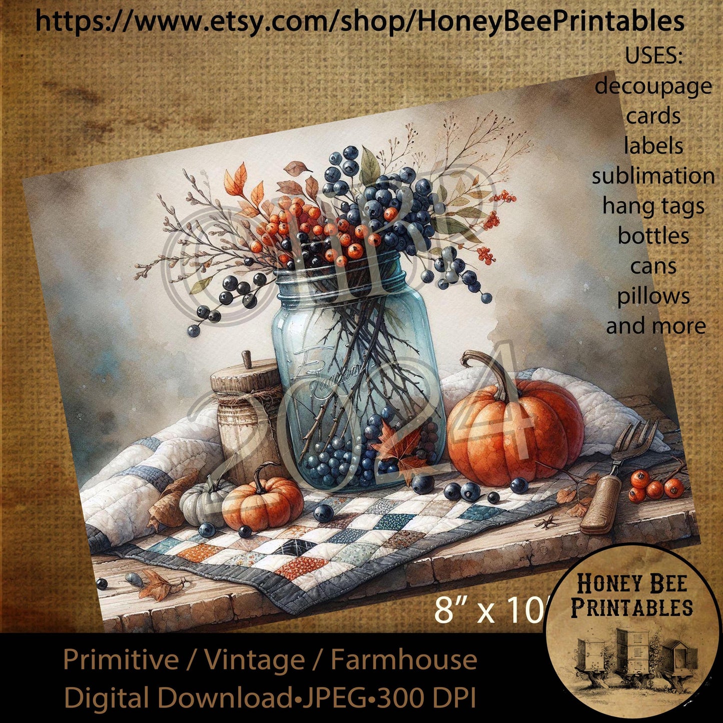 Digital Download, Printable, Decoupage, Vintage, Primitive, Fall, Autumn, Tablescape, Blue Jar, Berries, Quilt, Old Table, Pumpkins, 8x10