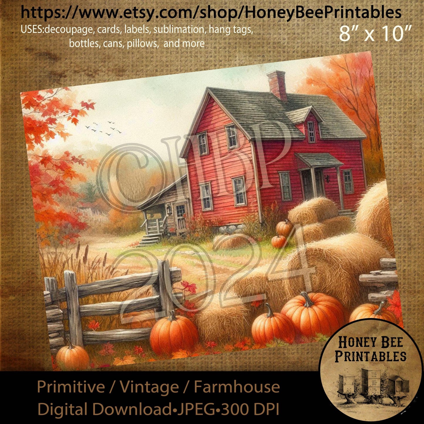 Digital Download, Digital Art, Printable, Decoupage, Primitive, Craft Supplies, Fall, Autumn, Farmhouse, Farm House, Red Saltbox, #2