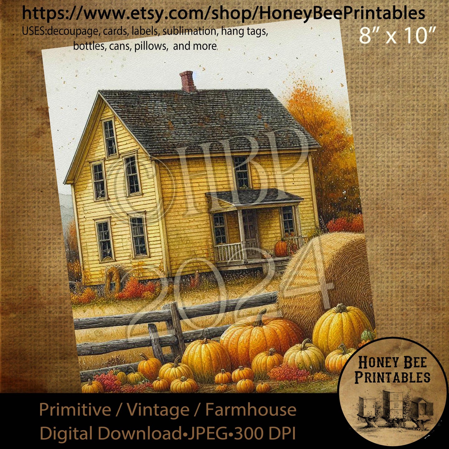 Digital Download, Digital Art, Printable, Decoupage, Primitive, Craft Supplies, Fall, Autumn, Farmhouse, Farm House, Yellow Saltbox, #1