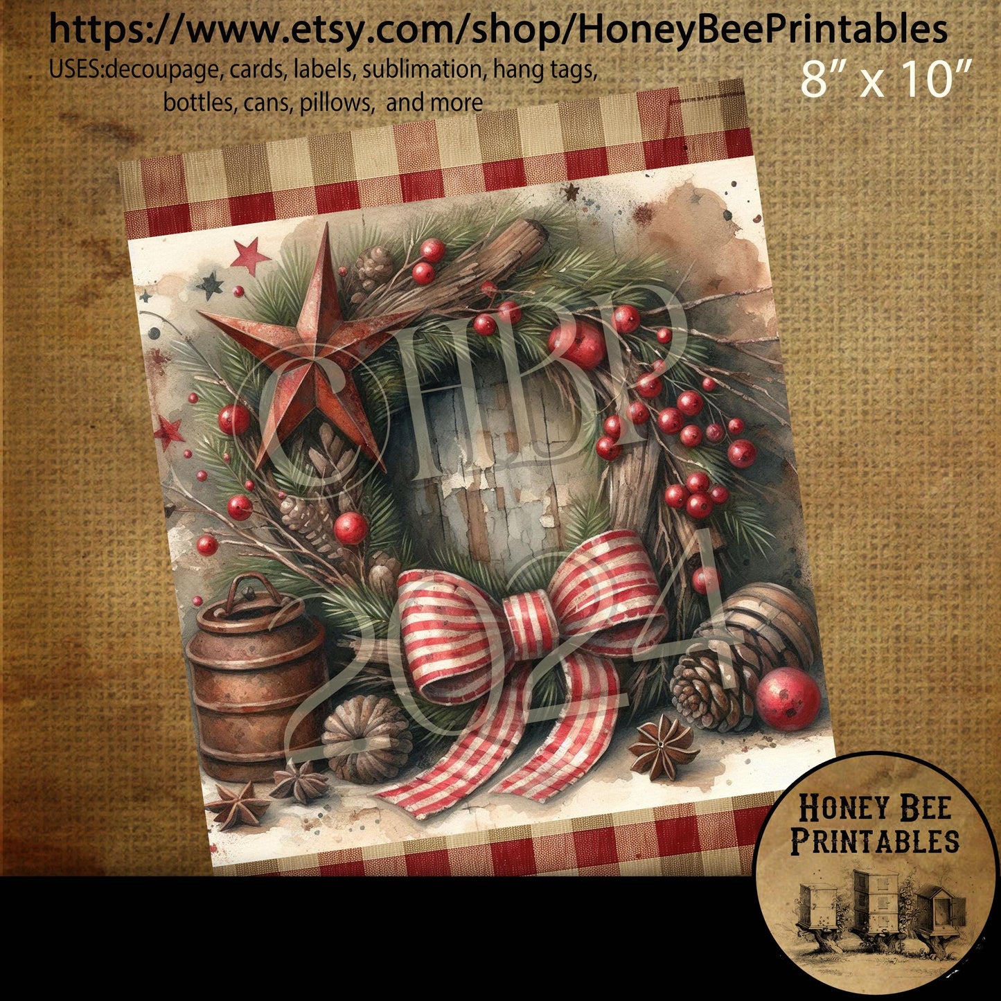 Digital Download, Printable, Decoupage, Vintage, Primitive, Farmhouse, Craft Supplies, Country Christmas Wreath, Rusty Star, Ribbon, #4