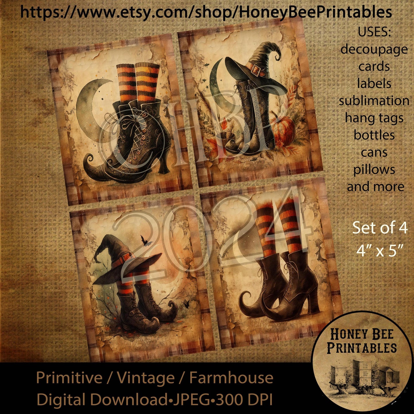 Digital Download, Printable, Decoupage, Vintage, Primitive, Fall, Autumn, Halloween, Witch, Witch Boots, Witch Hat, Halloween Witch, Set / 4