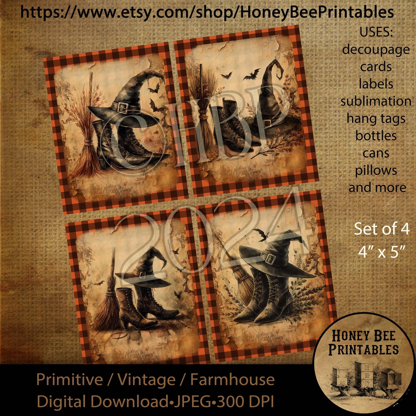Digital Download, Printable, Decoupage, Vintage, Primitive, Fall, Autumn, Halloween, Witch, Witch Boots, Witch Hat, Witch Broom, Set / 4