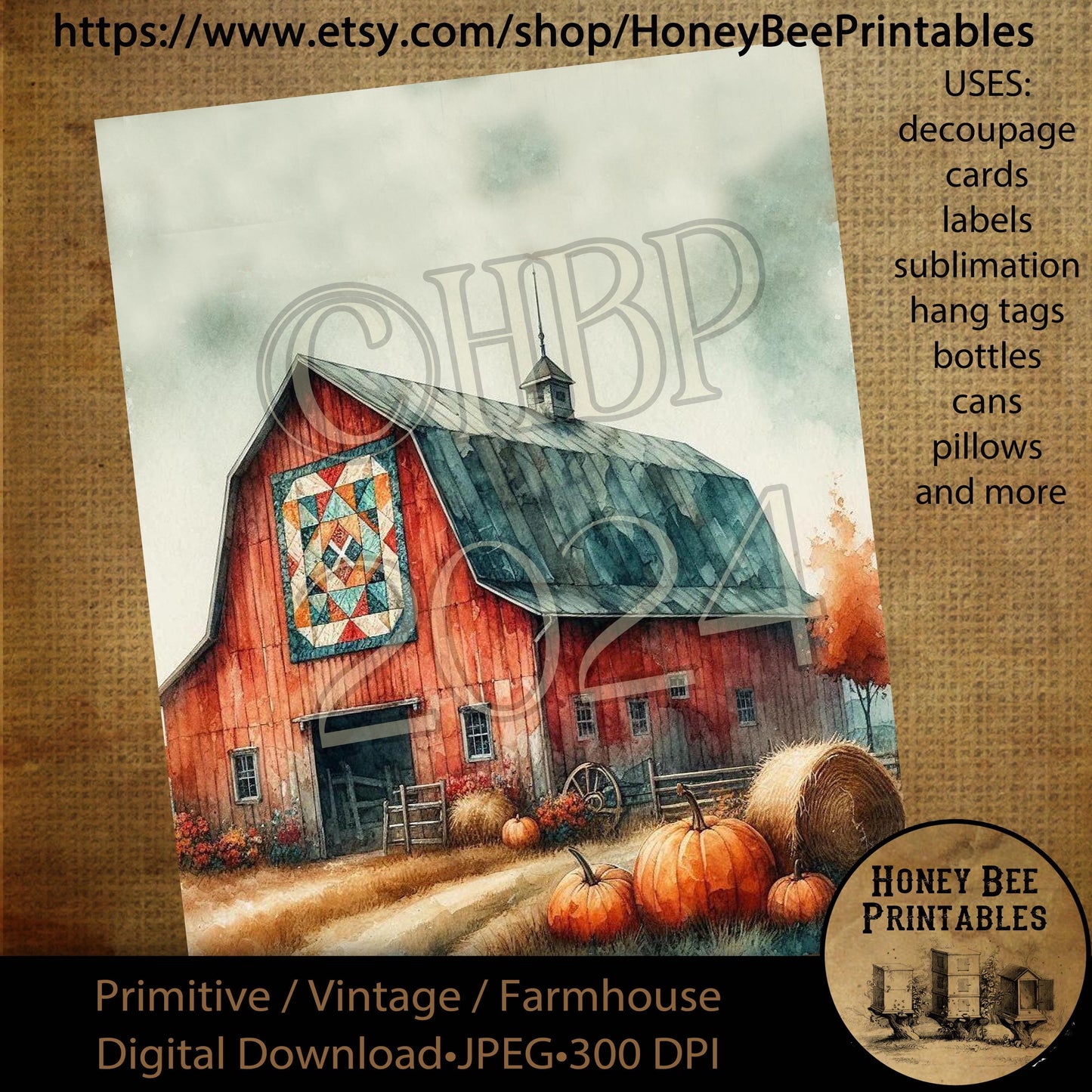Digital Download, Digital Art, Printable, Decoupage, Vintage, Primitive, Fall, Autumn, Red Barn, Barn Quilt, Farm, Farmhouse, Rustic, #3