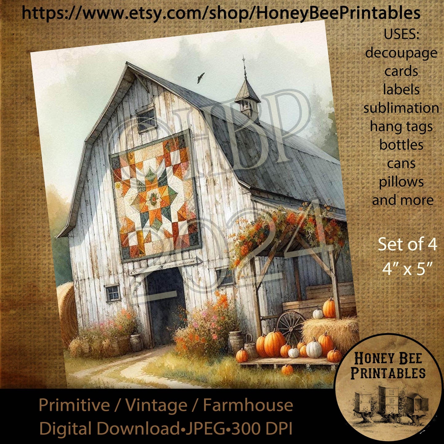 Digital Download, Digital Art, Printable, Decoupage, Vintage, Primitive, Fall, Autumn, White Barn, Barn Quilt, Farm, Farmhouse, Rustic, 8x10