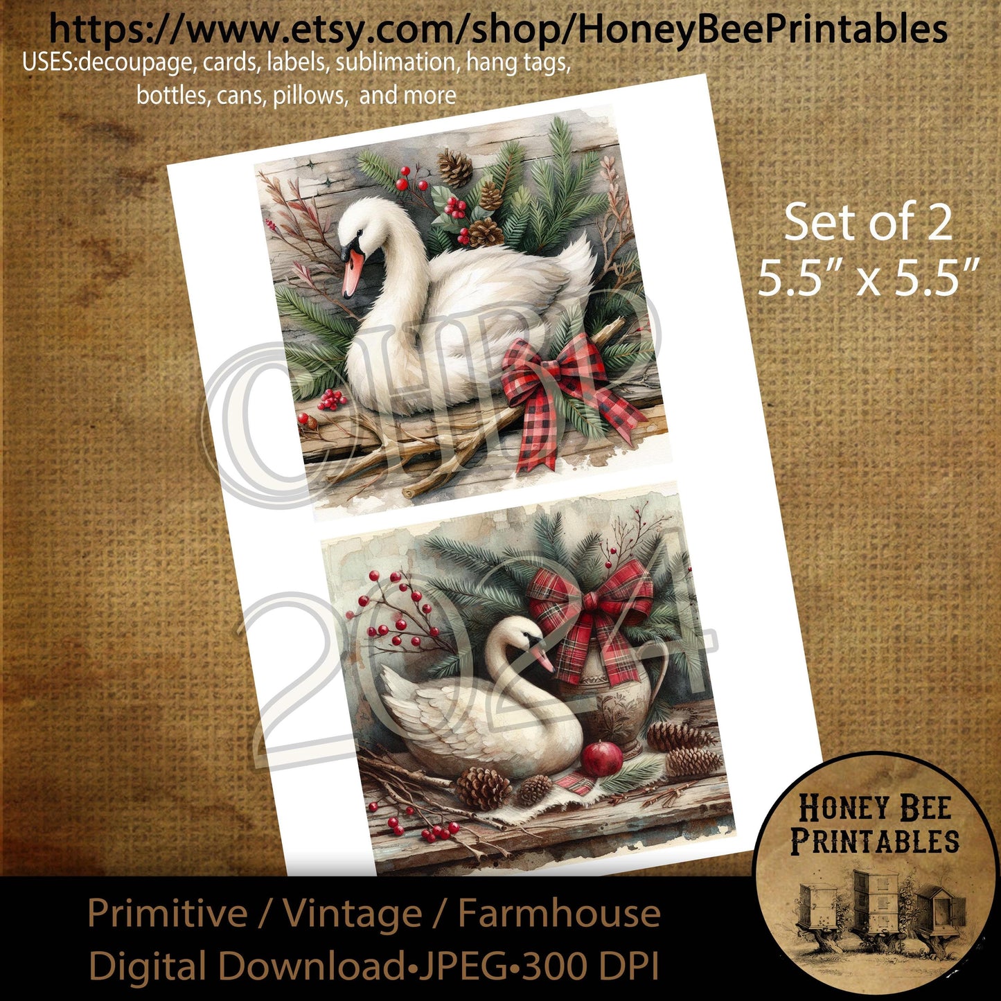 Digital Download, Digital Art, Printable, Decoupage, Primitive, Farmhouse, Craft Supplies, Set / 2, 5.5 in, A4, Christmas Swan, Berries, Bow