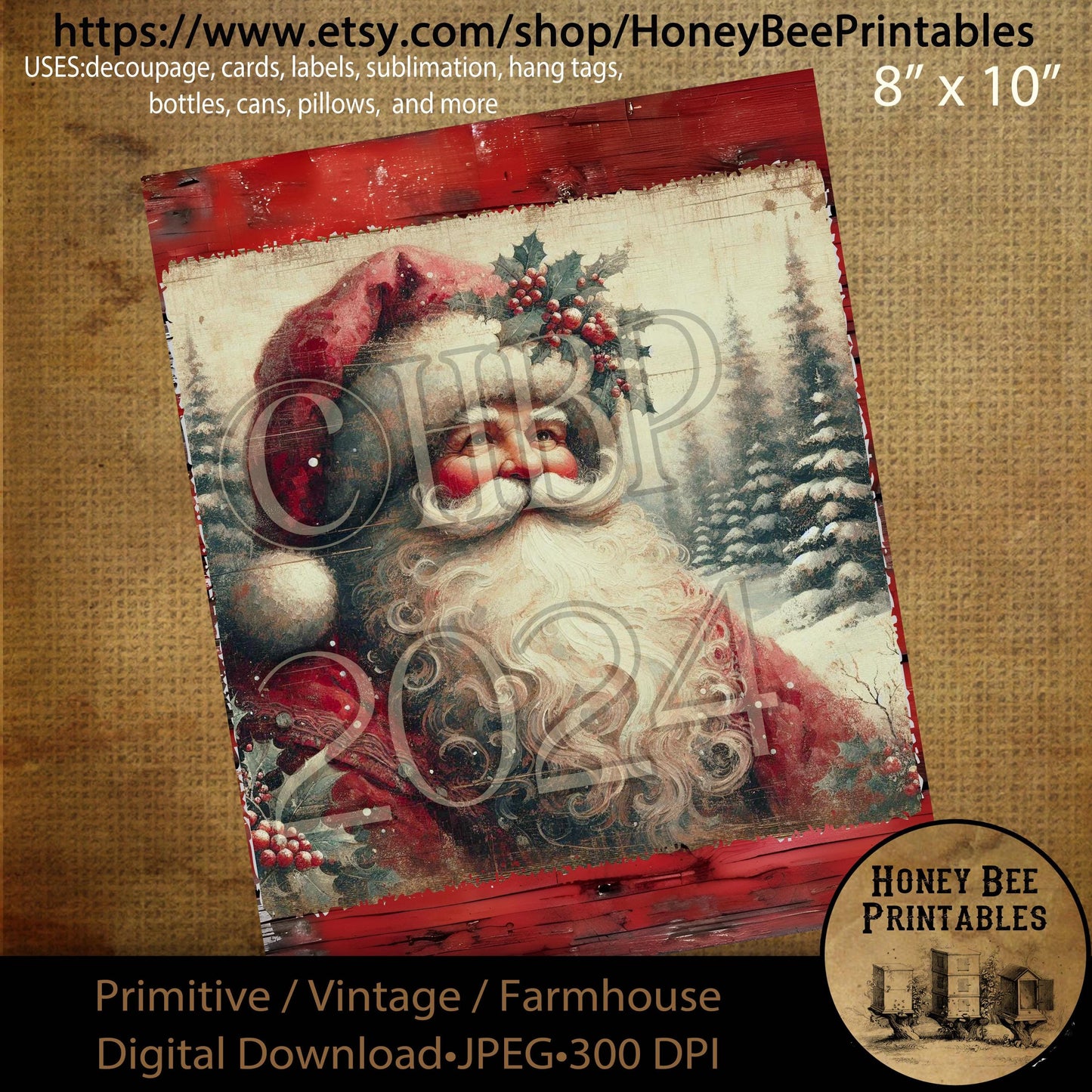 Digital Download, Printable, Decoupage, Primitive, Farmhouse, Craft Supplies, Vintage Santa, Old World Santa, Christmas, Snowy Woods, #1