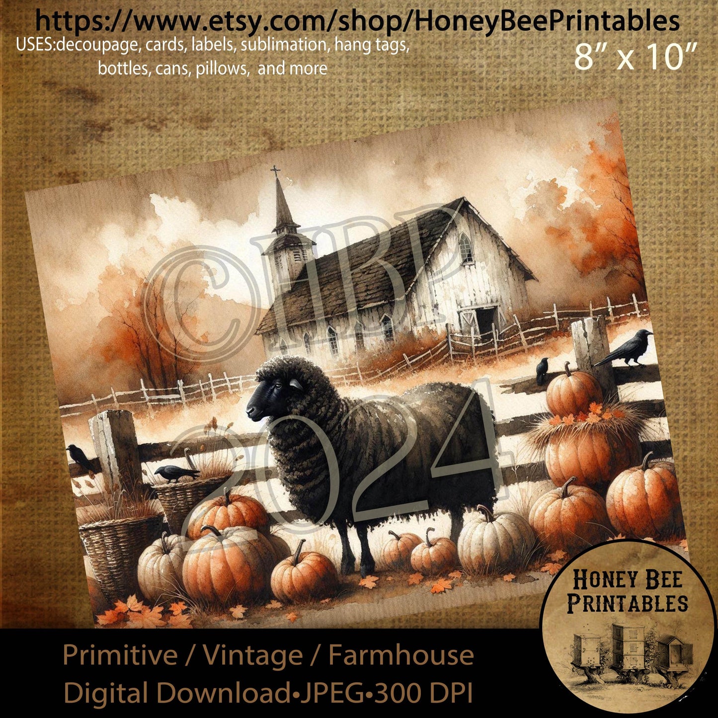 Digital Download, Digital Art, Printable, Decoupage, Vintage, Primitive, Fall, Autumn, Black Sheep, Chapel, Church, Pumpkins, Harvest, #4