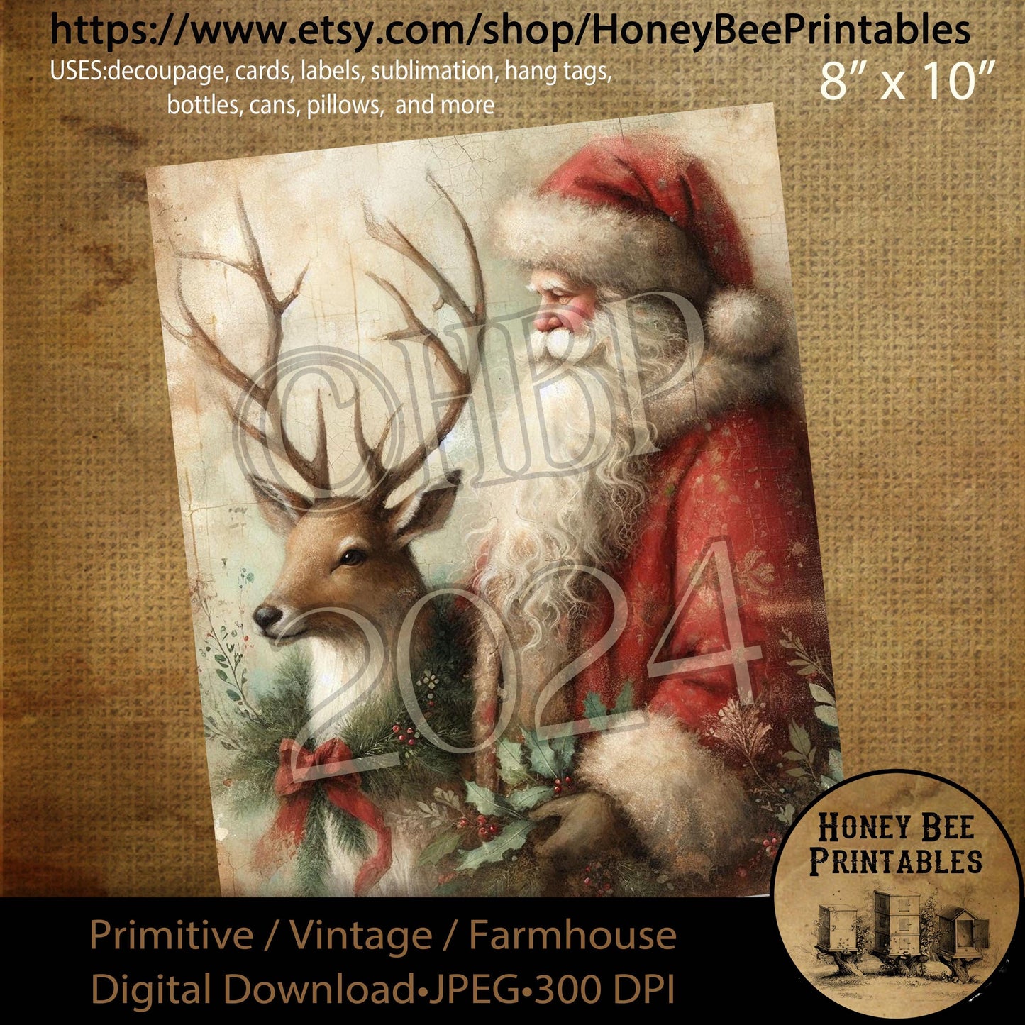 Digital Download, Printable, Decoupage, Vintage, Primitive, Farmhouse, Craft Supplies, Santa Claus, Santa & Reindeer, Reindeer, Christmas, 4