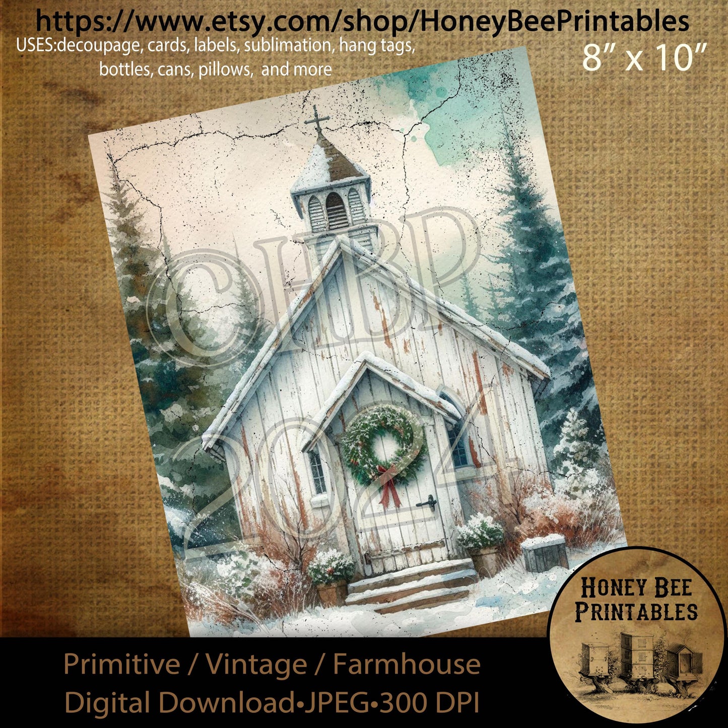 Digital Download, Printable, Decoupage, Primitive, Farmhouse, Craft Supplies, Vintage, Rustic Christmas Church, Winter Church, Chapel, #1