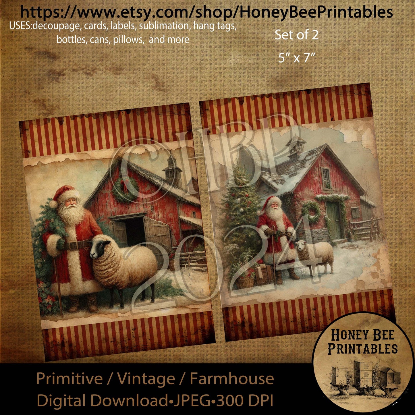 Digital Download, Digital Art, Printable, Decoupage, Primitive, Craft Supplies, Set / 2, 5x7, Christmas, Santa Claus, Barn, Sheep, Winter