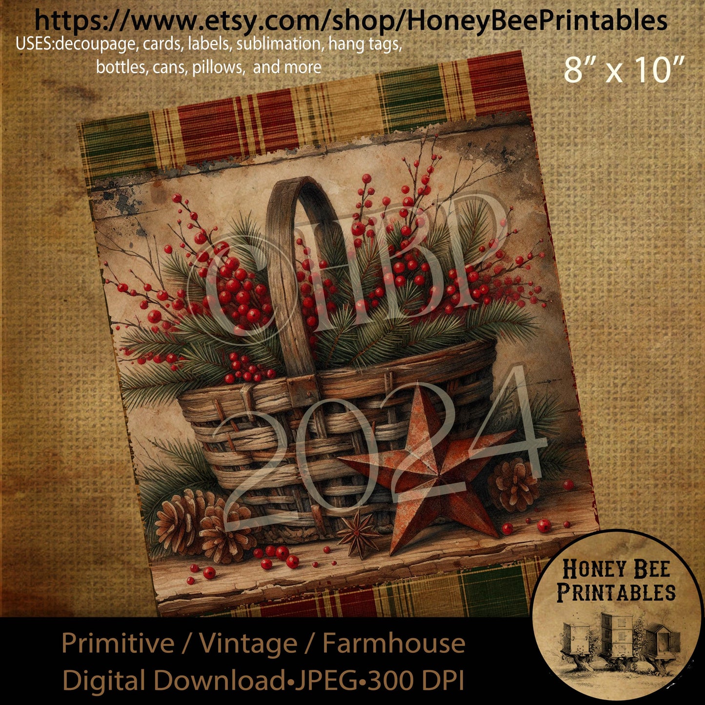 Digital Download, Printable, Decoupage, Primitive, Farmhouse, Craft Supplies, Vintage, Christmas, Basket, Rusty Star, Pip Berries, Greens