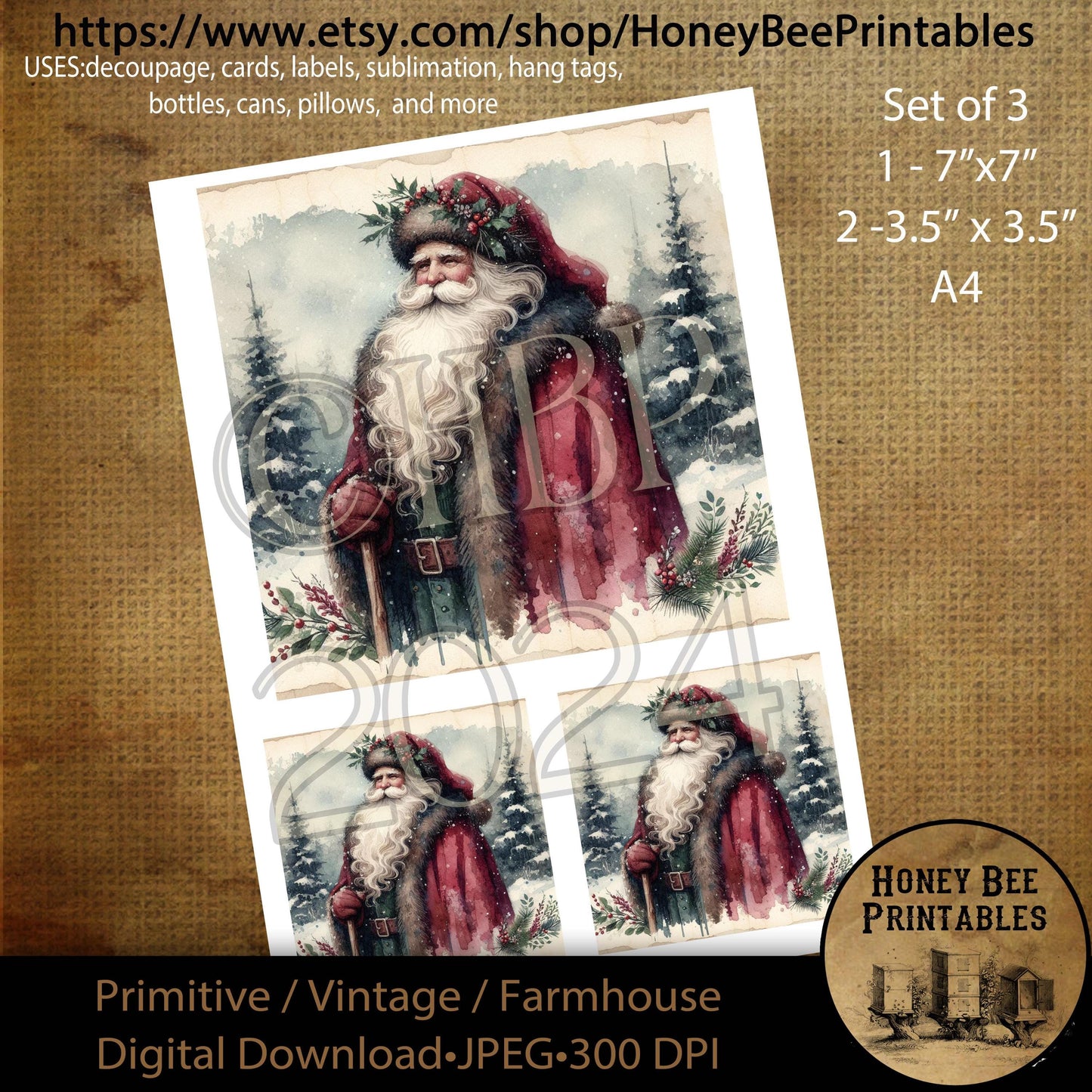 Digital Download, Digital Art, Printable, Decoupage, Primitive, Farmhouse, Craft Supplies, Set of 3, A4, Old World Santa, Woods, 7x7, 2-3.5