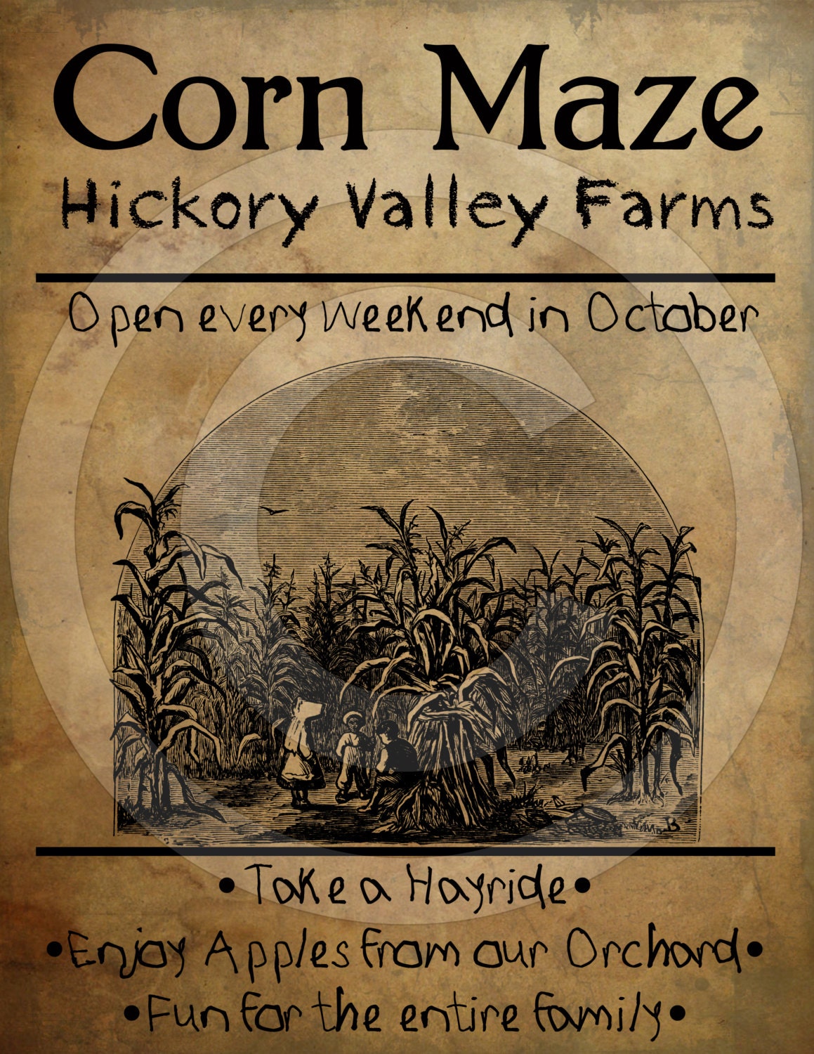 Primitive Grungy Harvest Corn Maze Feedsack Feed Sack Logo Printable Digital JPEG Instant Download For Pillows,Framed Prints,Labels