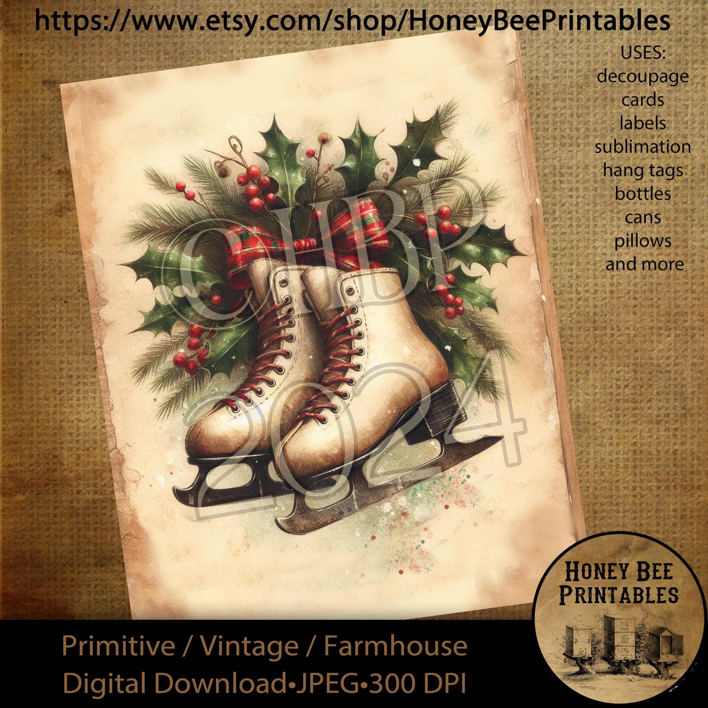 Digital Download, Printable, Decoupage, Primitive, Farmhouse, Craft Supplies, Vintage Christmas, Ice Skates, Ice Skating, Winter, Rink