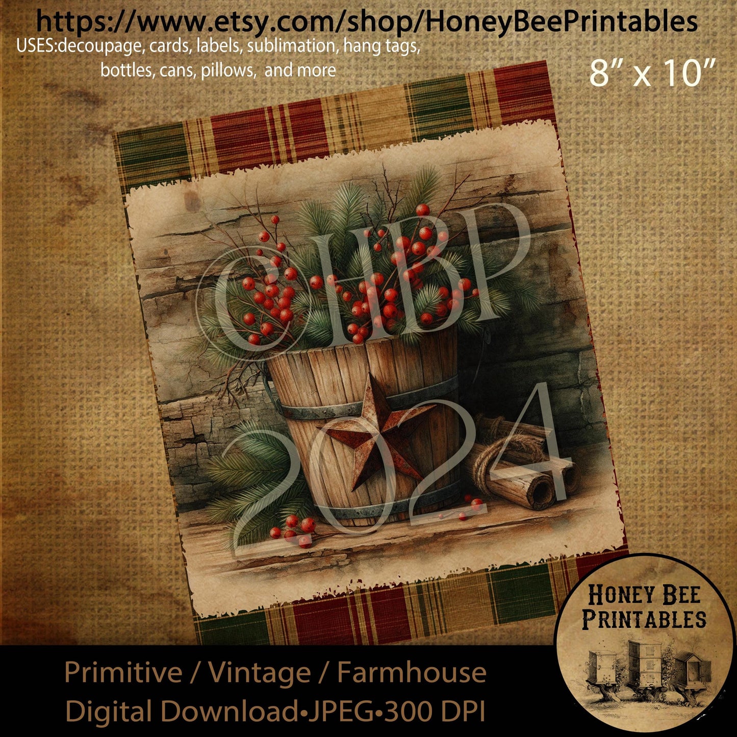 Digital Download, Printable, Decoupage, Primitive, Farmhouse, Craft Supplies, Vintage, Christmas, Wood Bucket, Rusty Star, Pip Berries