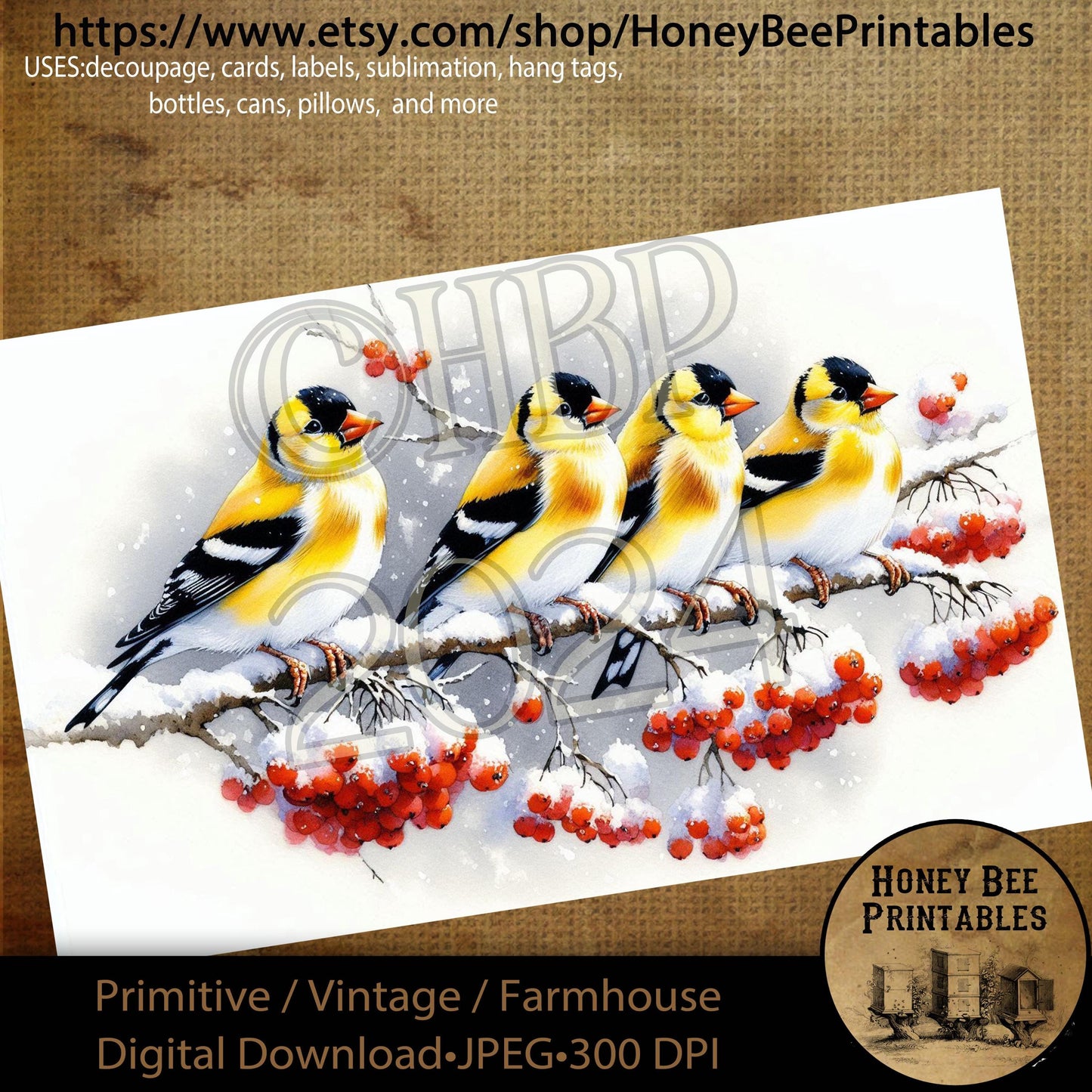Digital Download, Printable, Decoupage, Primitive, Craft Supplies, Goldfinch, Goldfinch Bird, Winter Birds, Winter, Snow Branch, Berries, A4