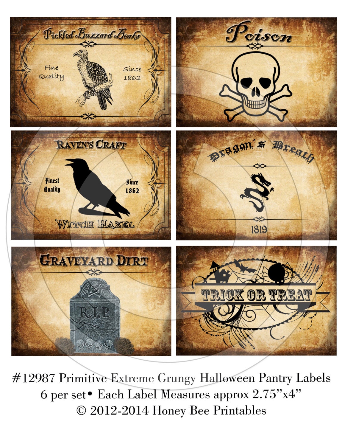 Primitive Extreme Grungy Halloween Pantry Labels 12987 Printable Digital JPEG File-Instant Download-Use on Jars,crock,crates,books,cards