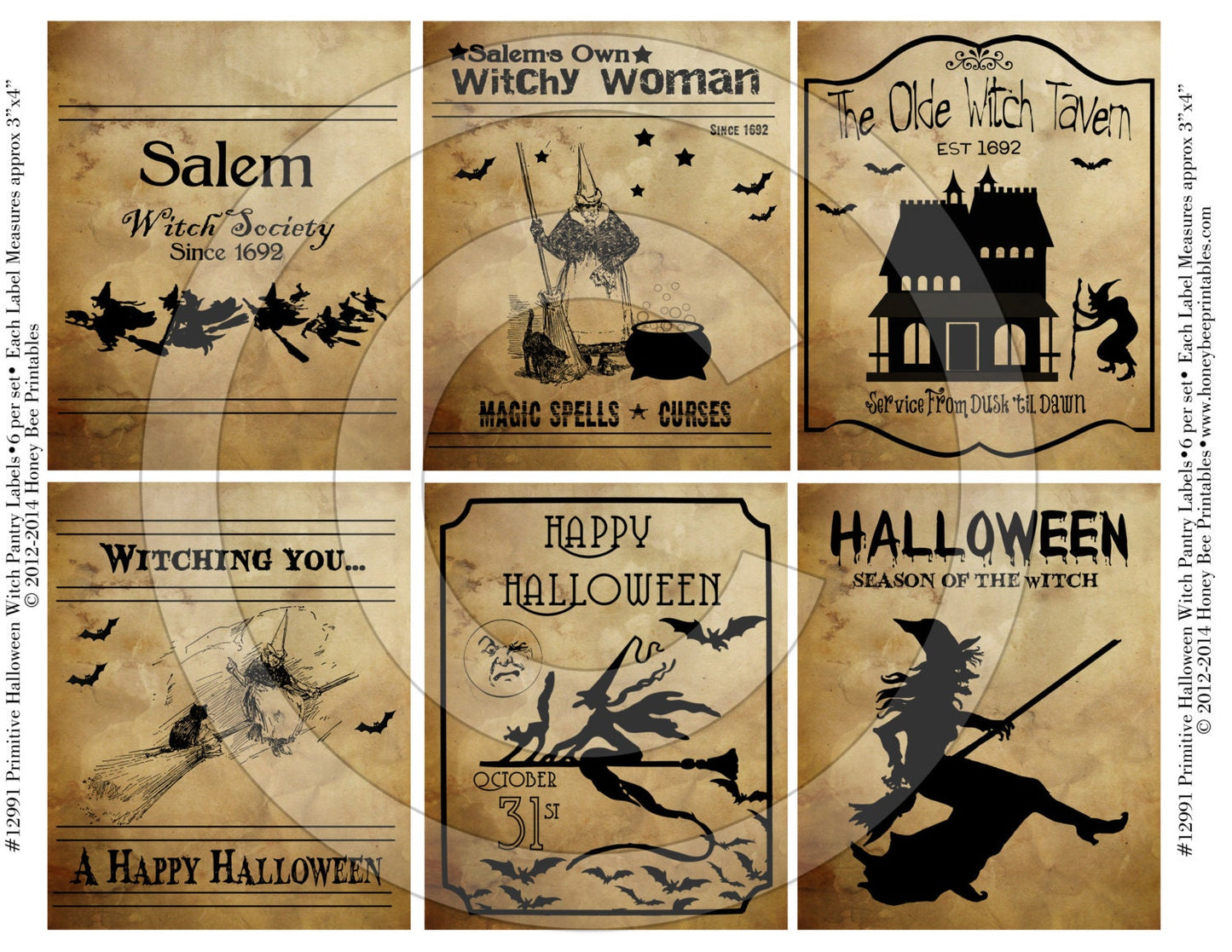 Primitive Halloween Witch Witchy Pantry Labels 12991 Printable Digital JPEG File-Instant Download-Use on Jars,crock,crates,books,cards
