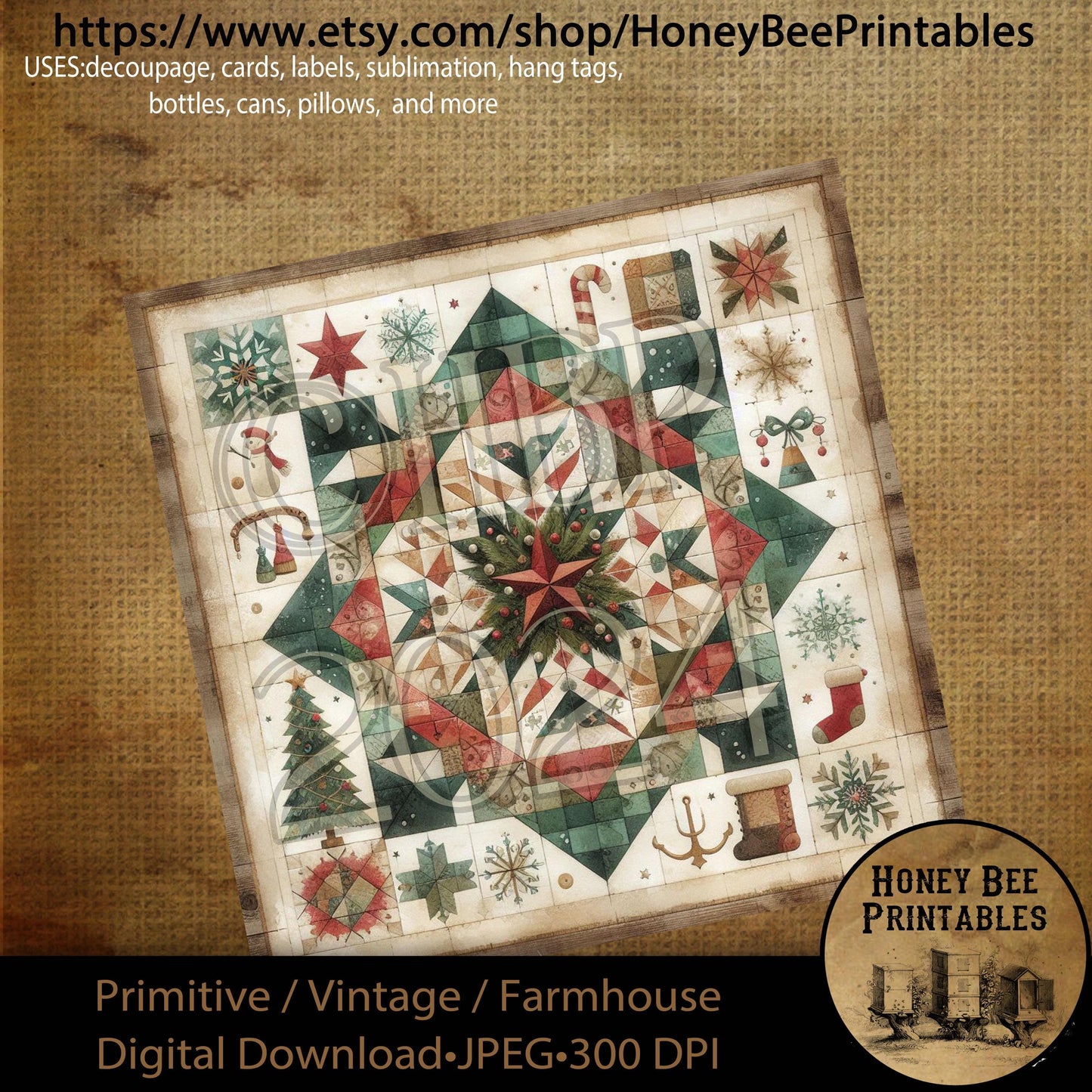 Digital Download, Printable, Decoupage, Primitive, Farmhouse, Vintage, Craft Supplies, Christmas Quilt, Barn Quilt, Quilt, Sewing, 8x8, #2