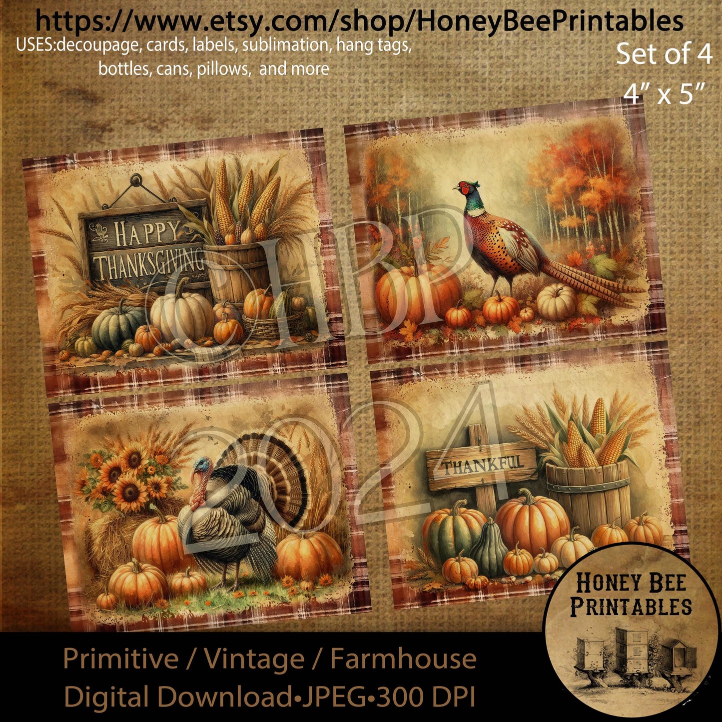 Vintage, Digital Download, Printable, Decoupage, Primitive, Craft Supplies, Set of 4, 4x5, Thanksgiving, Turkey, Pheasant, Thankful, Blessed