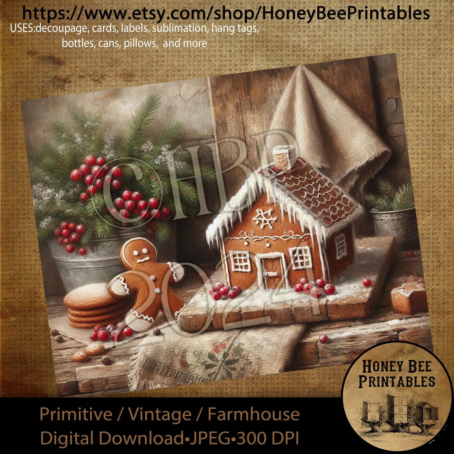 Digital Download, Printable, Decoupage, Primitive, Farmhouse, Craft Supplies, Gingerbread Cookies, Gingerbread House, Christmas, Berries
