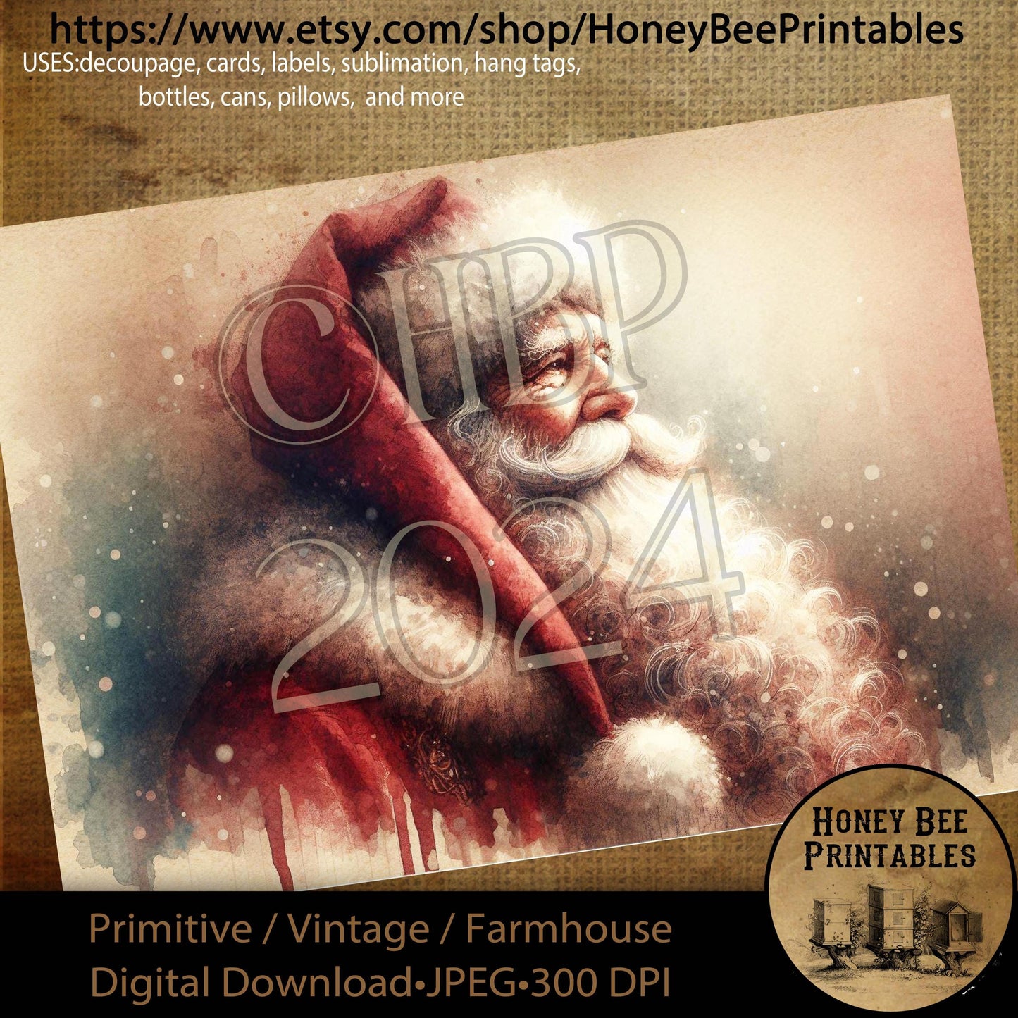 Digital Download, Printable, Decoupage, Primitive, Farmhouse, Craft Supplies, Santa Claus, Old World Santa, Vintage Santa, Christmas, A4, #4