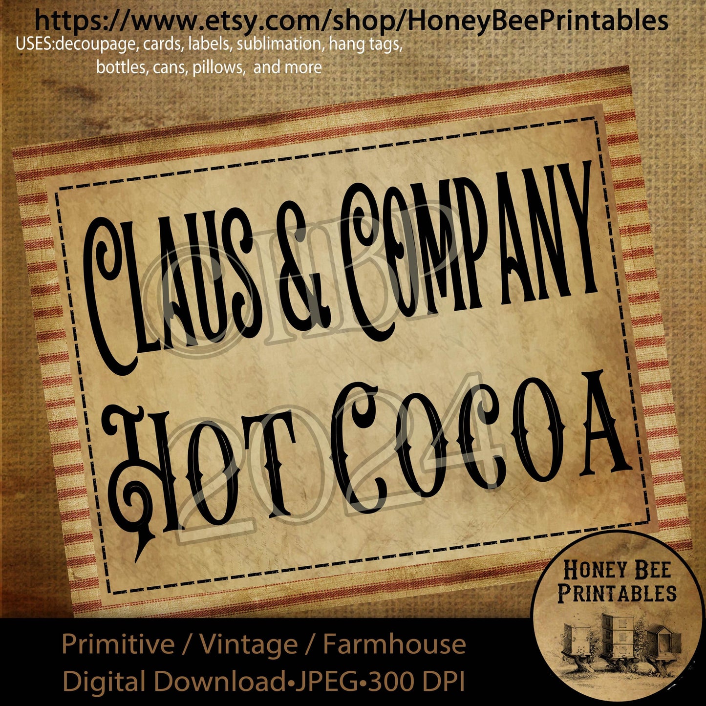 Digital Download, Printable, Decoupage, Farmhouse, Craft Supplies, Primitive Christmas Labels, Red Ticking, Claus & Company Hot Cocoa
