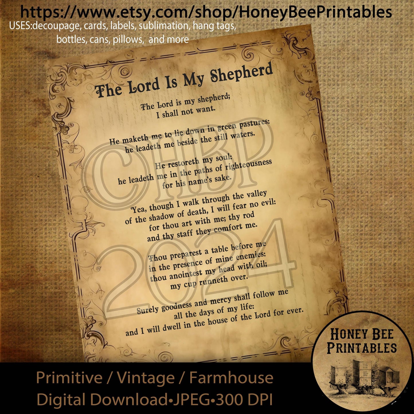 Digital Download, Digital Art, Printable, Decoupage, Primitive, Craft Supplies, The Lord Is My Shepherd, Psalm 23, Bible, Scripture