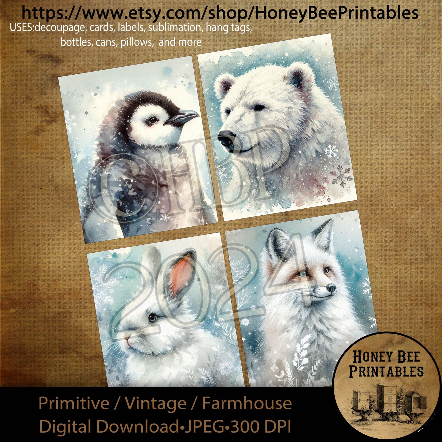 Digital Download, Digital Art, Printable, Decoupage, Primitive, Craft Supplies, 4x5, Rustic, Winter, Snow, Penguin, Fox, Polar Bear, Rabbit