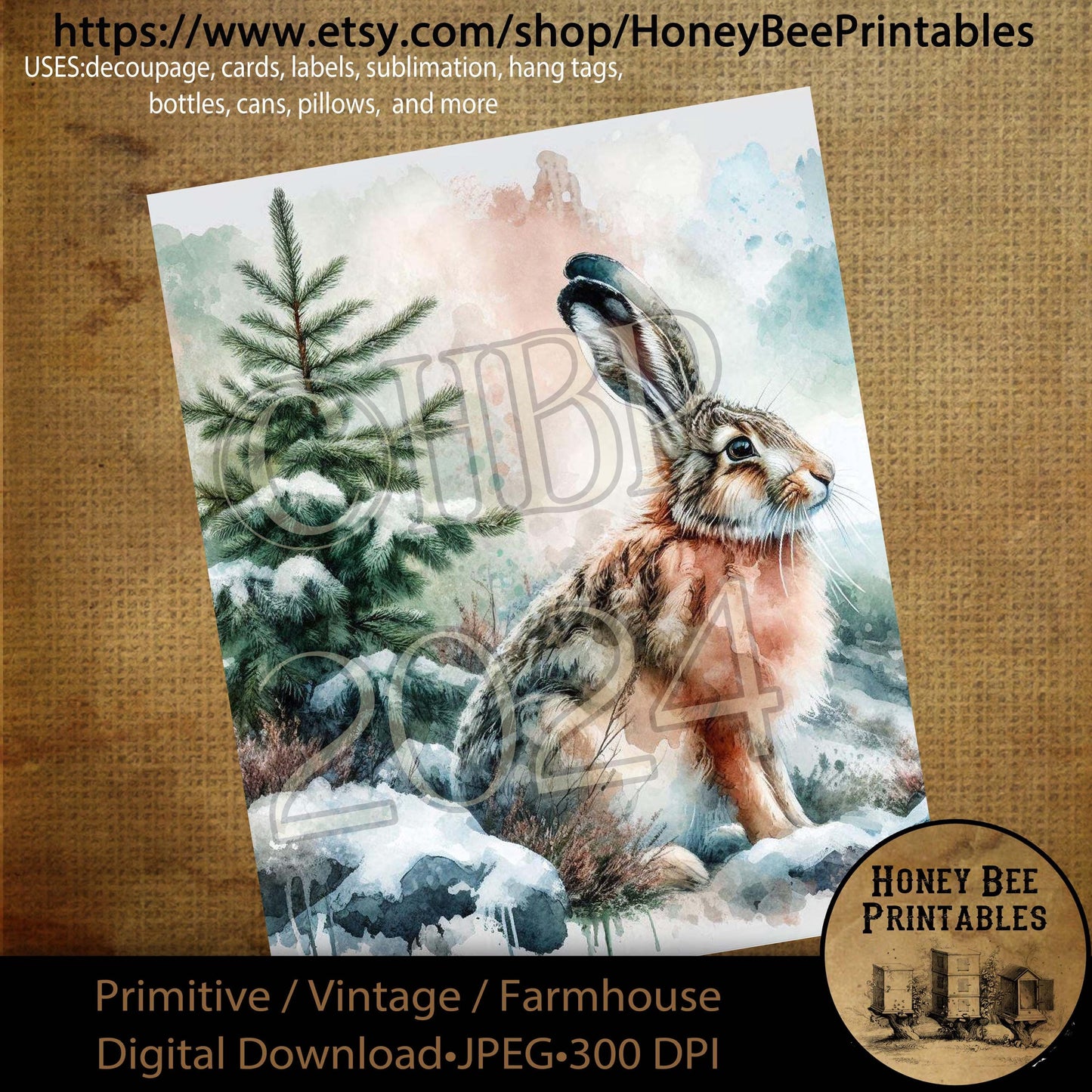 Digital Download, Printable, Decoupage, Primitive, Farmhouse, Craft Supplies, Vintage, Rustic, Winter Wonderland, Winter, Rabbit, Hare, Snow