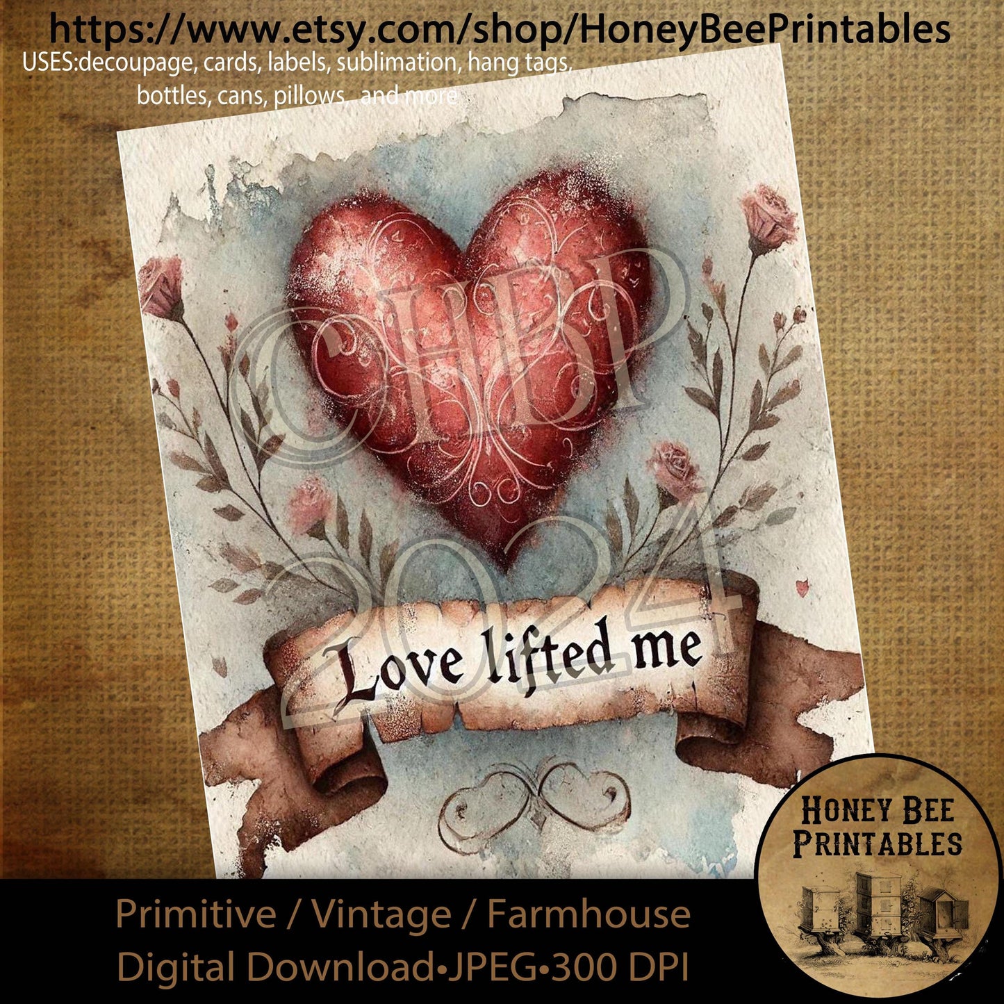 Digital Download, Printable, Decoupage, Primitive, Craft Supplies, Vintage, Rustic, Valentine, Red Heart, Love Lifted Me, Inspirational
