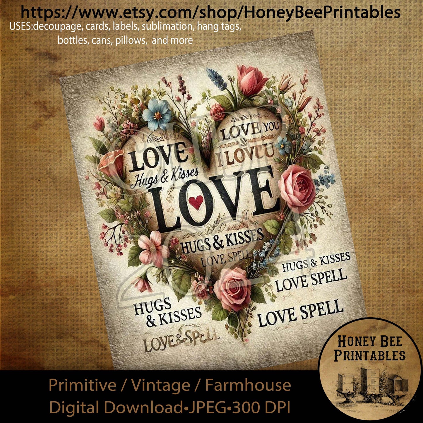 Digital Download, Printable, Decoupage, Primitive, Craft Supplies, Vintage, Rustic, Valentine, Subway Art, Word Collage, Love Spell, #1