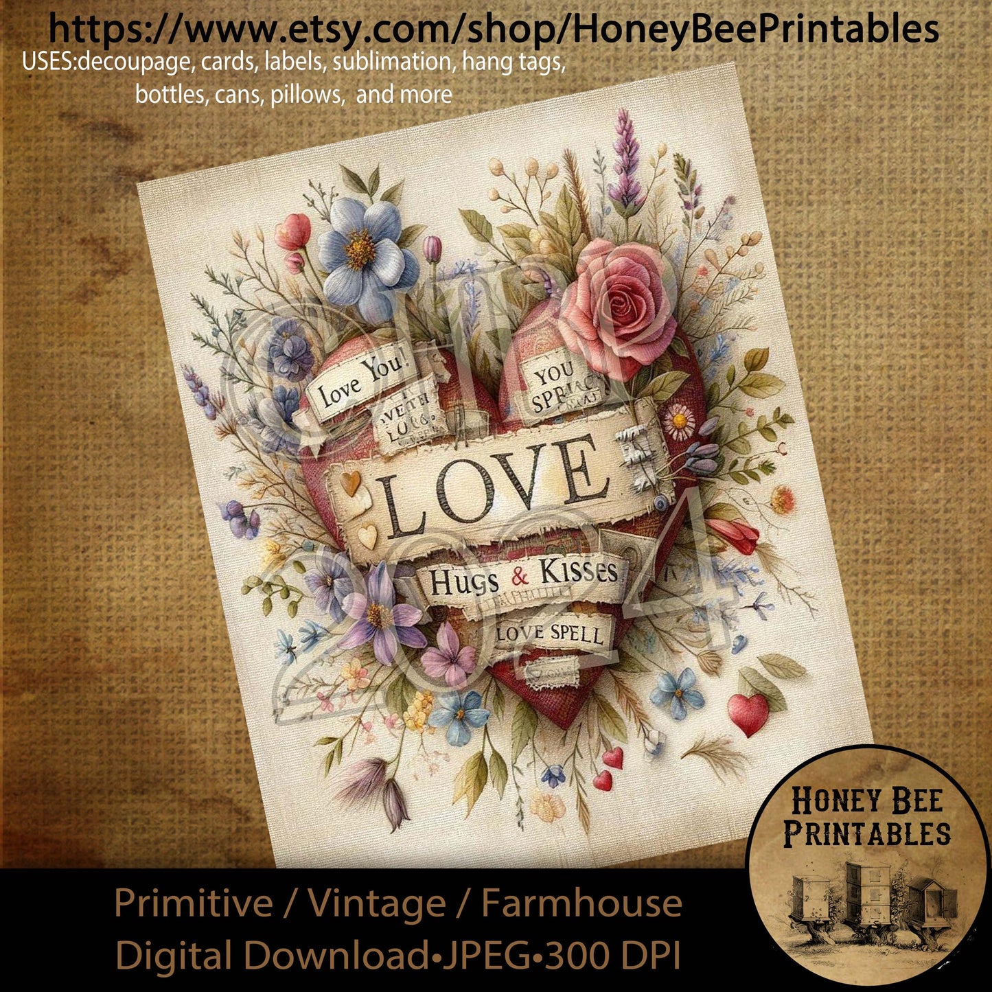 Digital Download, Printable, Decoupage, Primitive, Craft Supplies, Vintage, Rustic, Valentine, Subway Art, Word Collage, Love Spell, #2