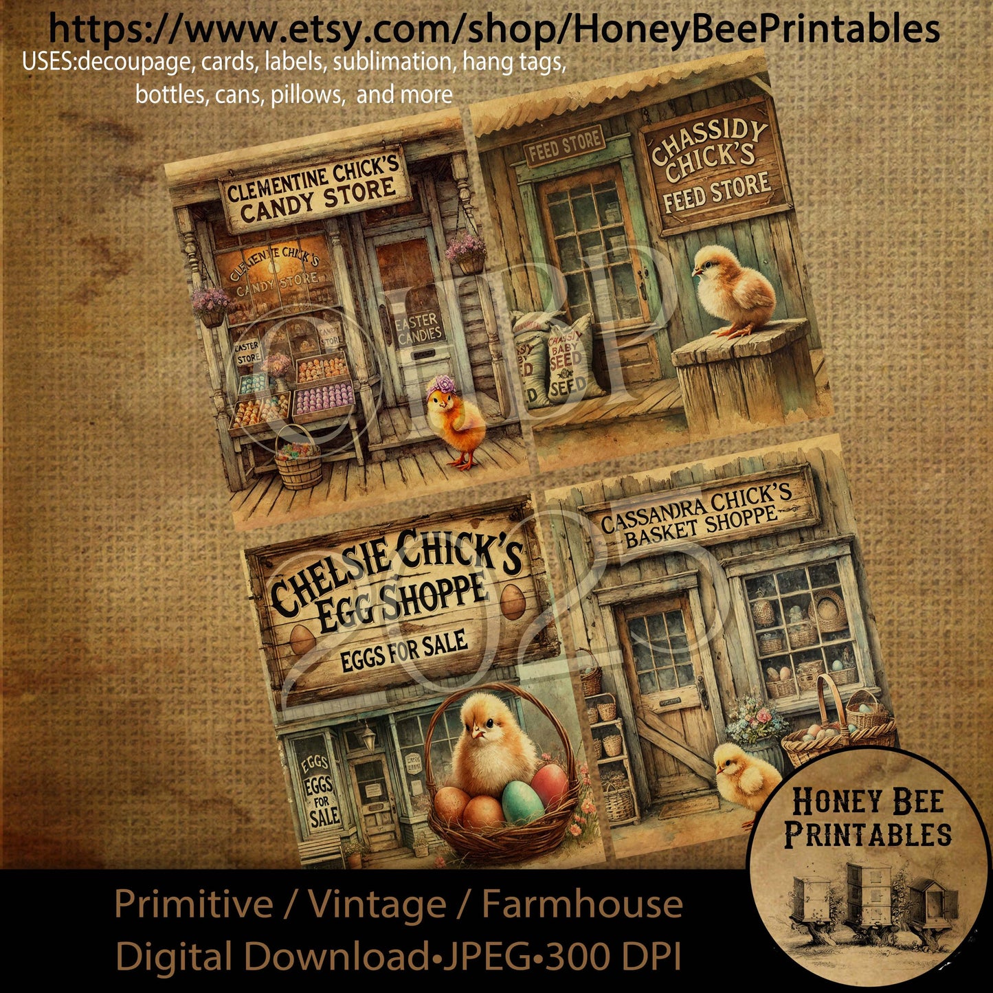 Digital Download, Printable, Decoupage, Prim, Craft Supplies, Rustic, Easter, Easter Chicks, Feed Store, Candy Store, Egg Shoppe, Baskets