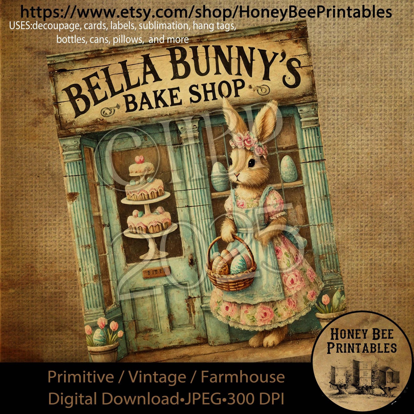 Digital Download, Printable, Decoupage, Primitive, Craft Supplies, Vintage, Rustic, Bella Bunny's Bake Shop, Easter Bunny, Bake Shop, Easter
