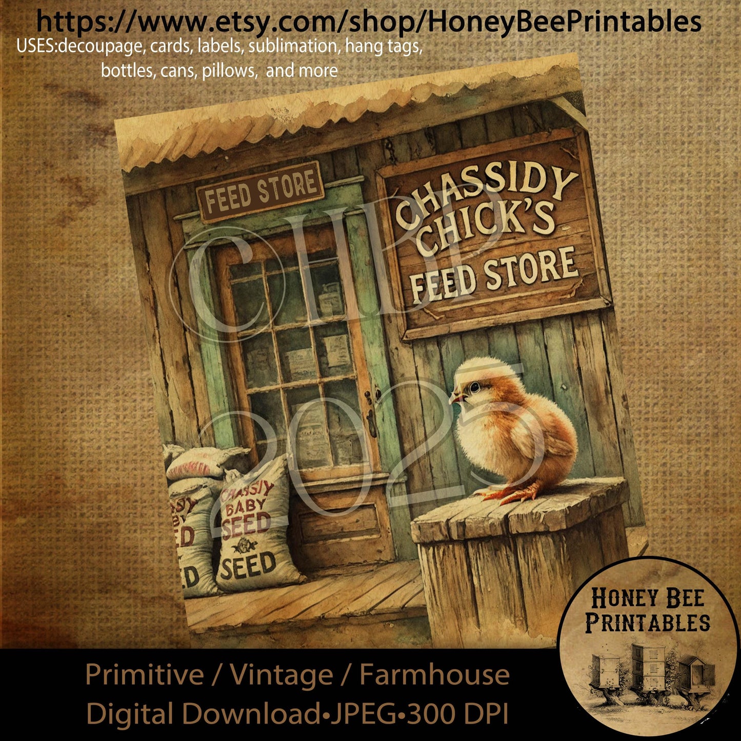 Digital Download, Printable, Decoupage, Primitive, Craft Supplies, Vintage, Rustic, Chassidy Chick Feed Store, Baby Chick, Easter Chick