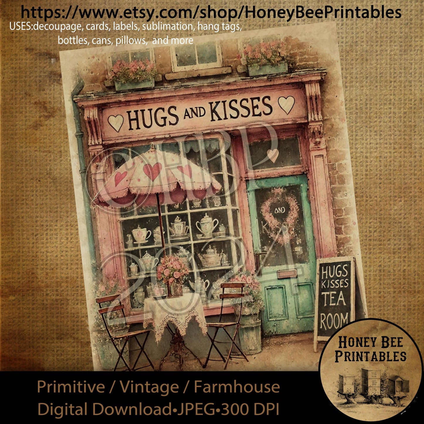 Digital Download, Printable, Decoupage, Primitive, Craft Supplies, Vintage, Rustic, Valentine, Hugs and Kisses Tea Room, Tea Time, Love