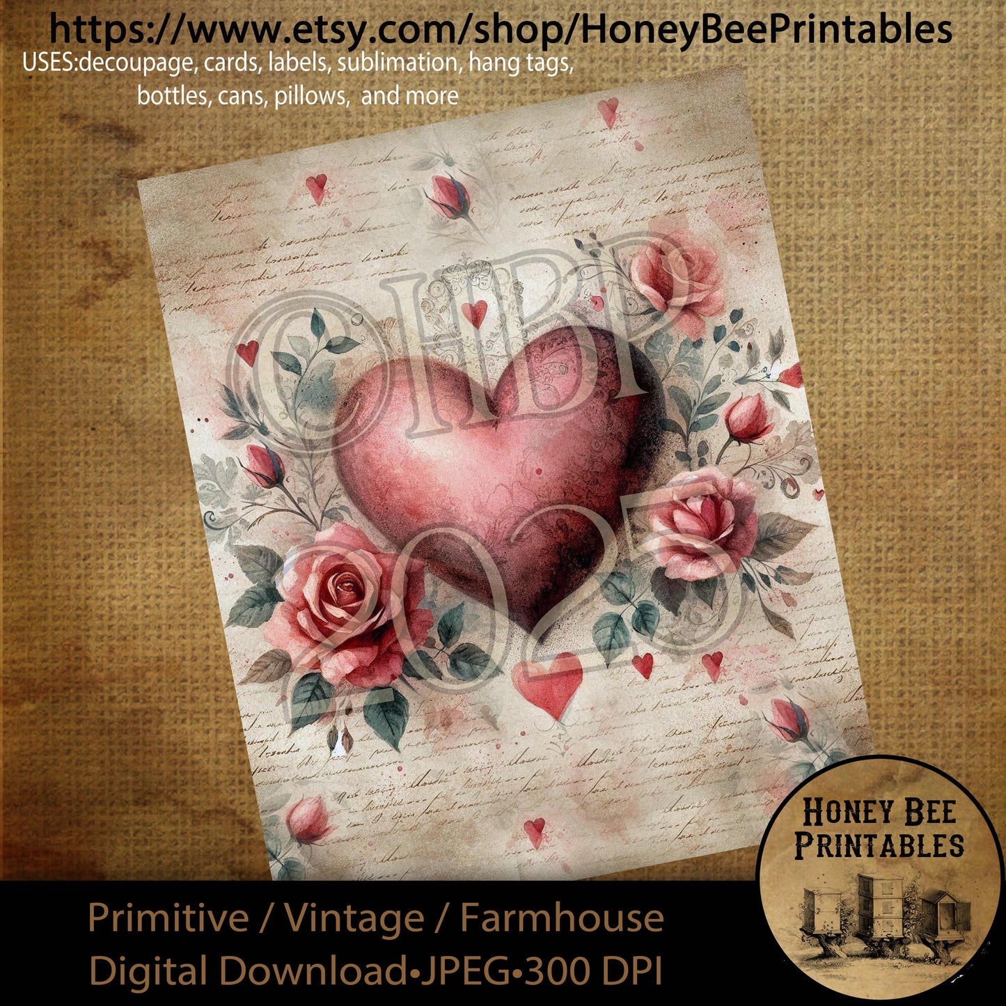Digital Download, Printable, Decoupage, Primitive, Craft Supplies, Vintage, Rustic, Shabby, Valentine, Flowers, Hearts, Roses, Floral, #1