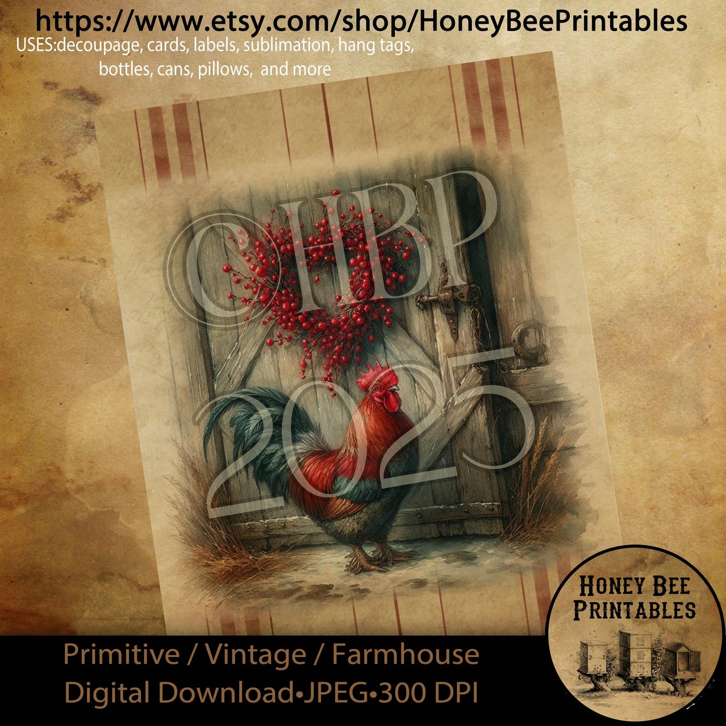 Digital Download, Printable, Decoupage, Primitive, Craft Supplies, Vintage, Rustic, Valentine, Farm, Animals, Heart, Wreath, Rooster, Barn