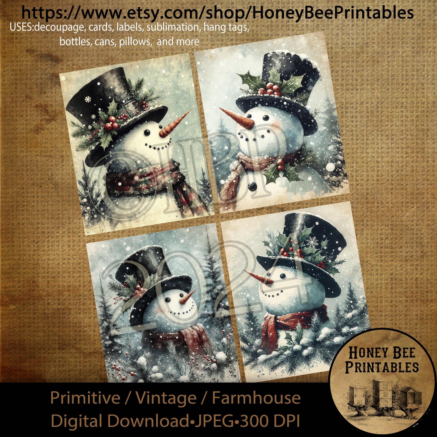 Digital Download, Digital Art, Printable, Decoupage, Primitive, Craft Supplies, 4x5, Snowman, Snowmen, Rustic, Winter Wonderland, Snow Set/4